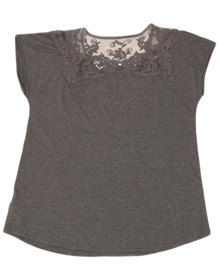 Blusa feminina Marks & Spencer Reino Unido 14 grande poliéster floral cinza