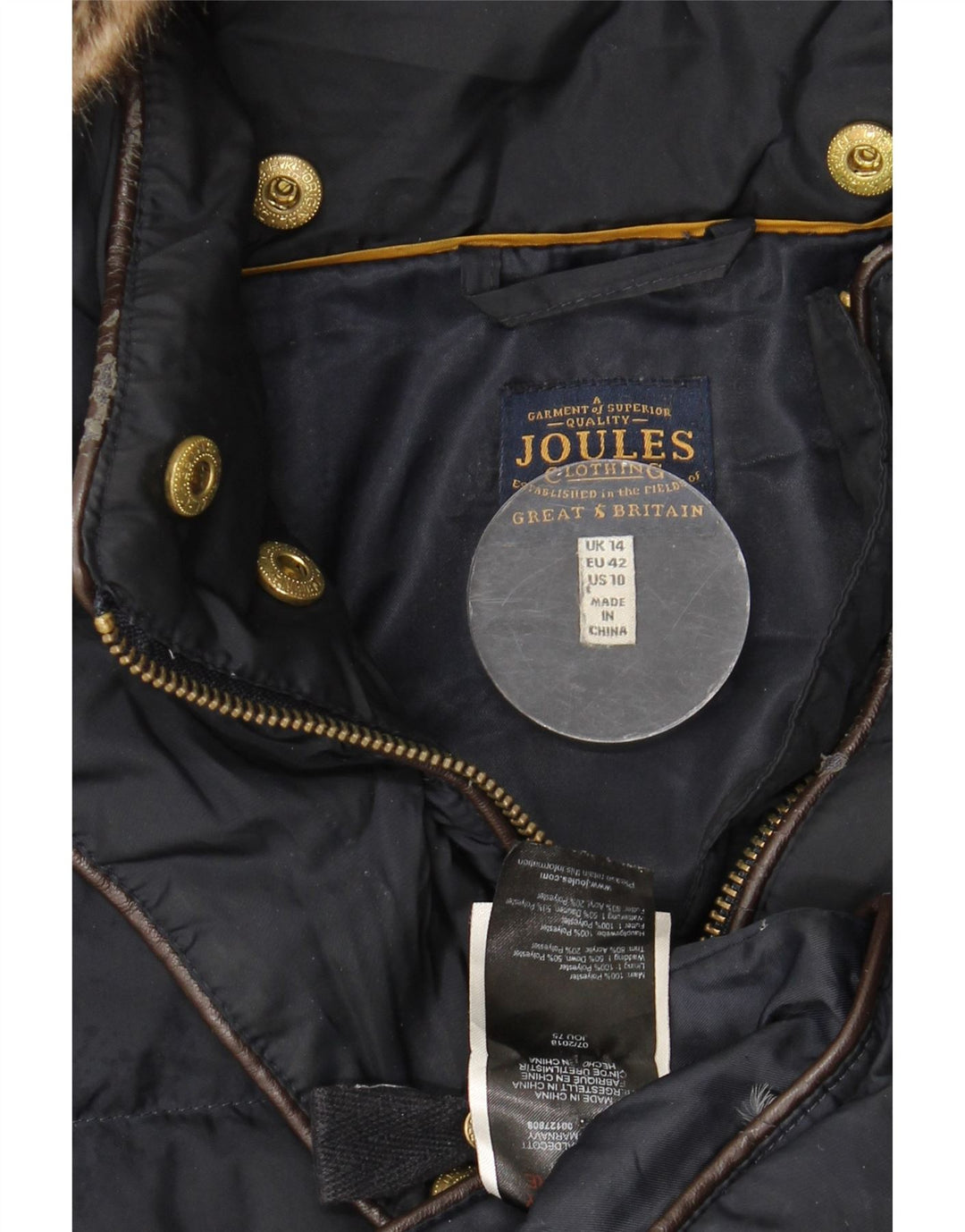 Jaqueta acolchoada com capuz feminina Joules UK 14 grande poliéster azul marinho
