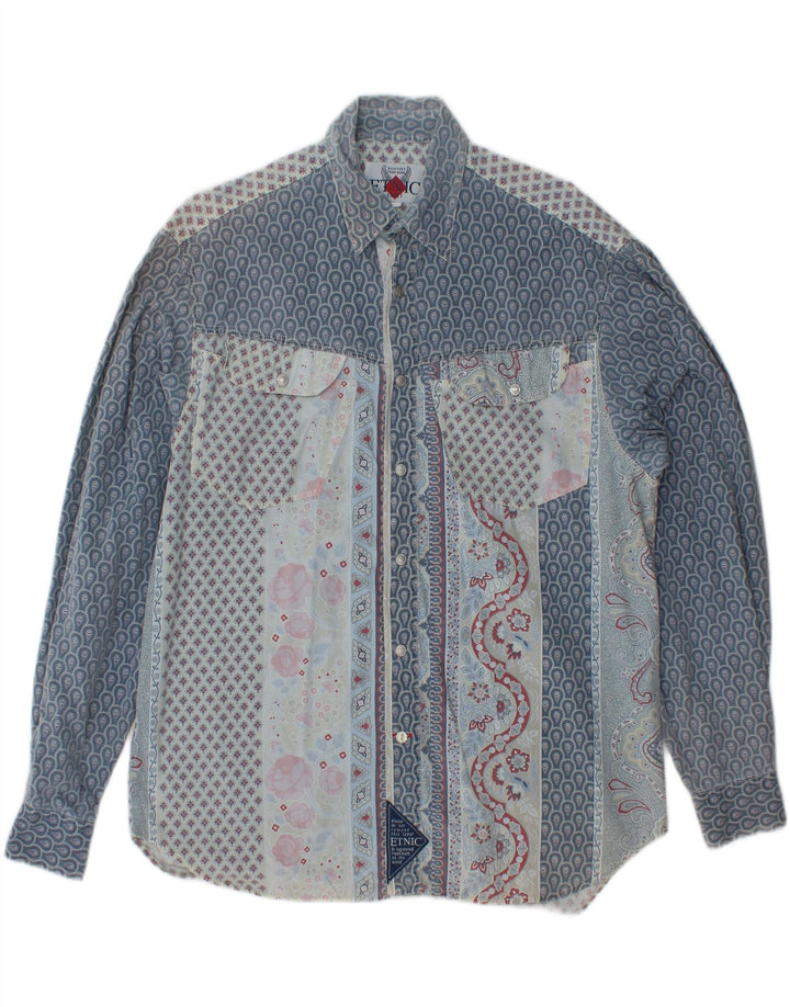 Camisa masculina VINTAGE de algodão floral azul médio