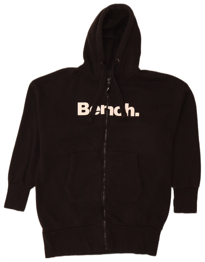 Suéter feminino com capuz e zíper gráfico Bench UK 12 algodão preto médio
