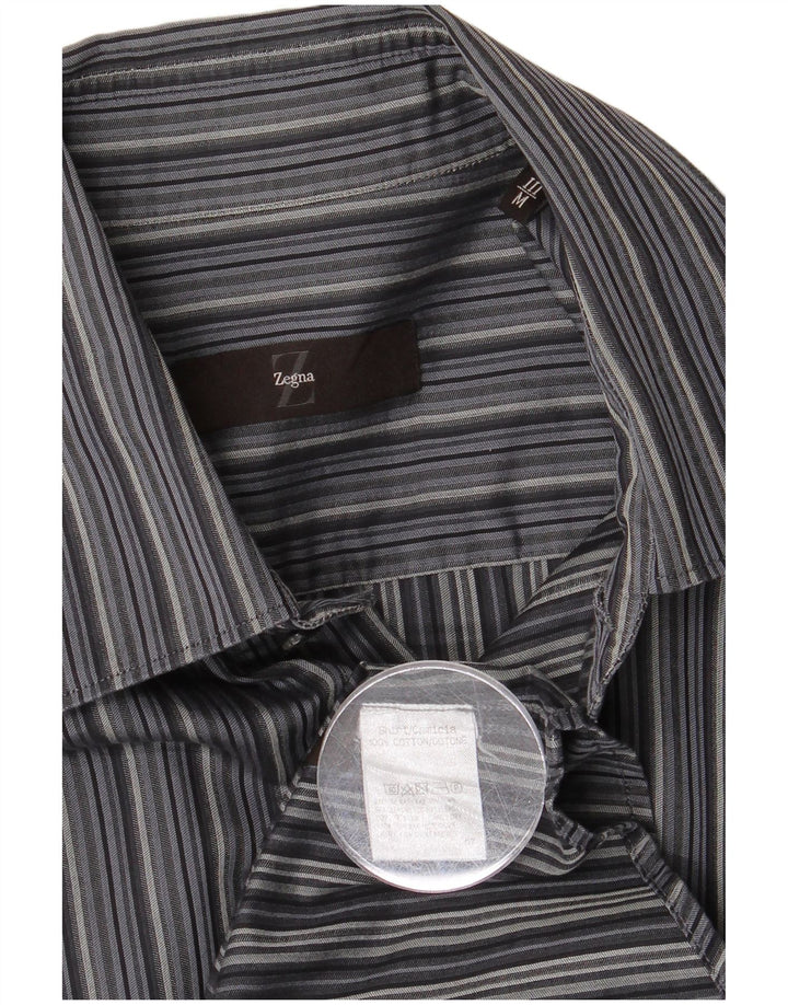 Camisa masculina Zegna de algodão listrado cinza médio