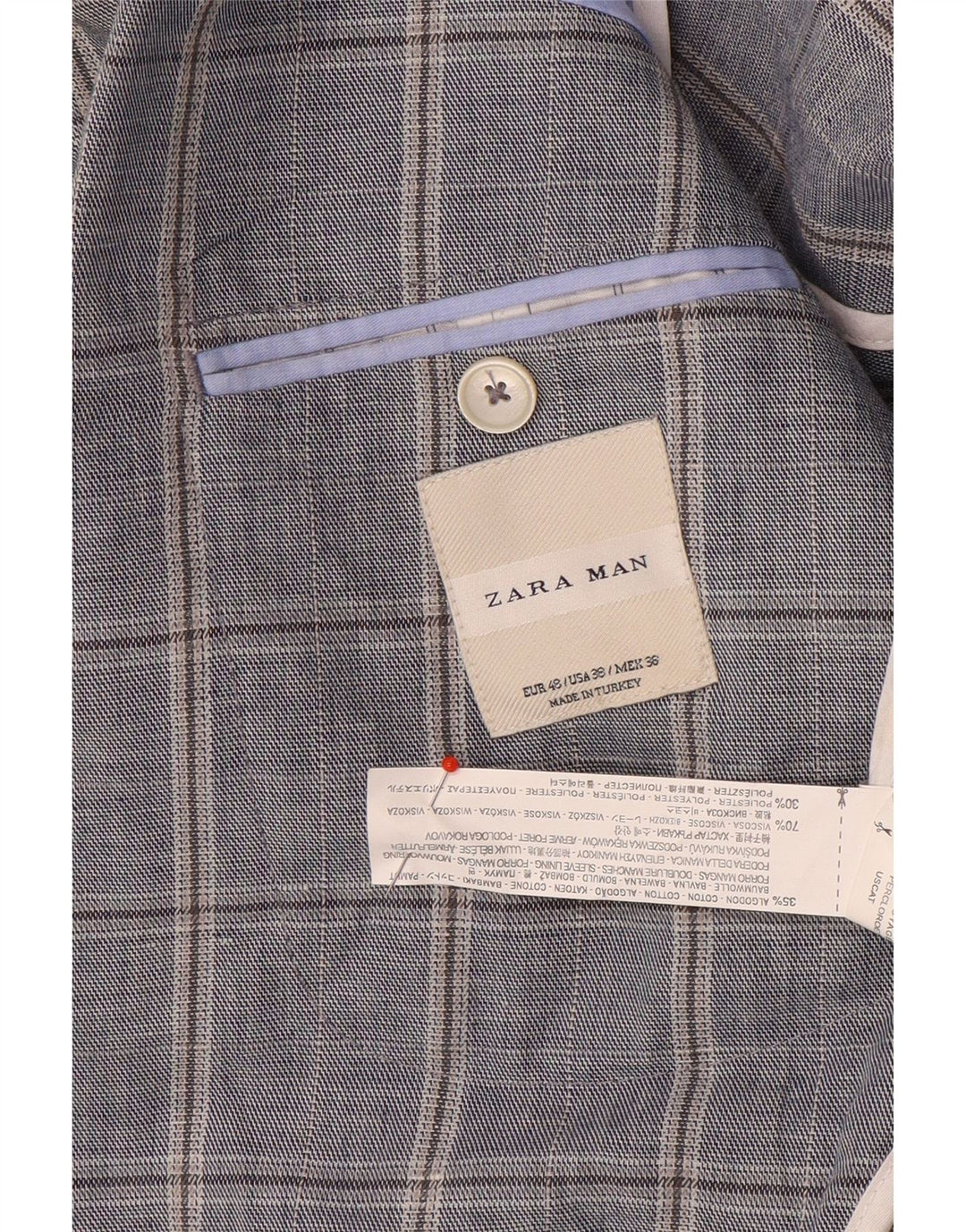 Jaqueta blazer masculina Zara com peito duplo EU 48 médio azul marinho xadrez algodão