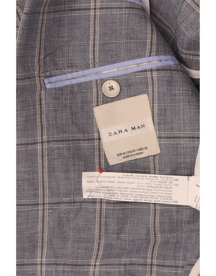 Jaqueta blazer masculina Zara com peito duplo EU 48 médio azul marinho xadrez algodão