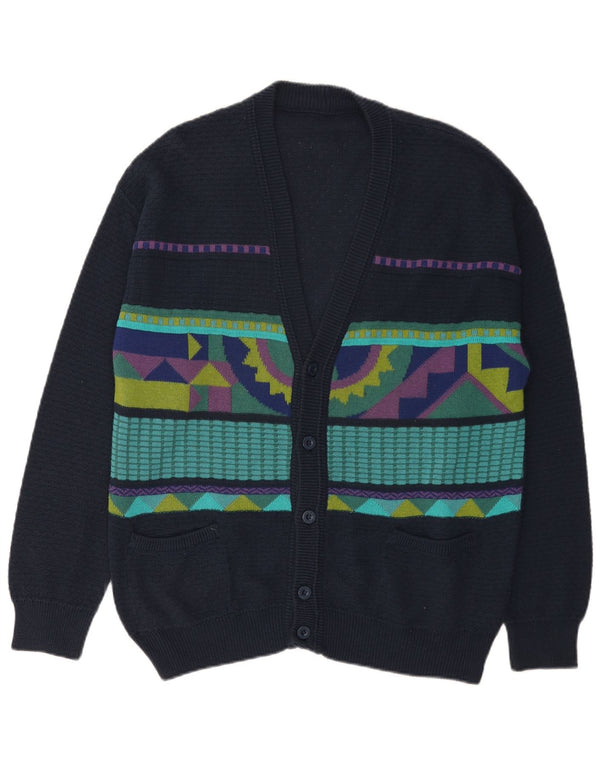 Suéter cardigã masculino vintage grande algodão geométrico azul marinho
