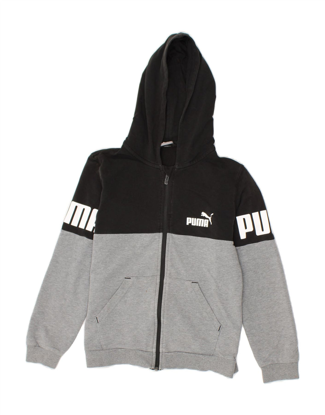 PUMA Boys Graphic Zip Hoodie Sweater 11-12 Years Grey Colourblock Cotton Vintage Puma and Second-Hand Puma from Messina Hembry 