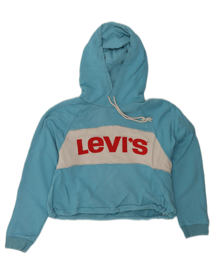 LEVI'S Womens Oversized Crop Hoodie Jumper UK 10 Small Blue Colourblock Vintage Levi's and Second-Hand Levi's from Messina Hembry 