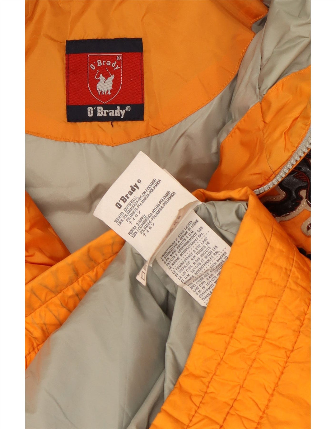 Jaqueta acolchoada com capuz gráfico masculino vintage UK 42 XL poliéster laranja