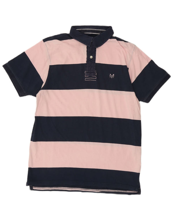 Camisa polo masculina Crew Clothing grande algodão listrado azul marinho