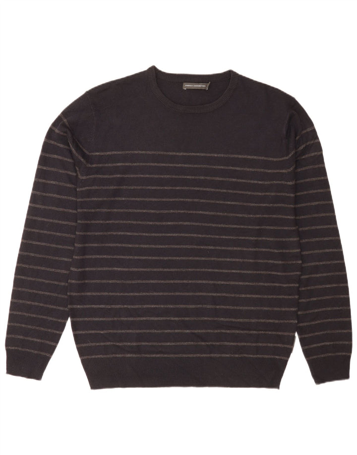 Suéter masculino com gola redonda French Connection grande acrílico listrado preto