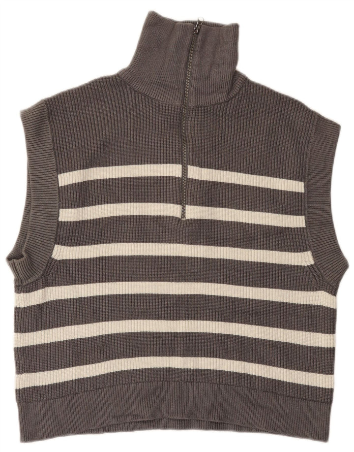 Zara Womens Zip Neck Vest Regata Reino Unido 14 Médio Cinza Listrado
