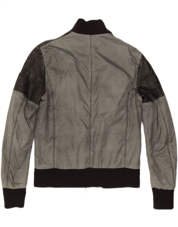 Jaqueta bomber vintage masculina slim UE 50 grande bloco colorido cinza nylon