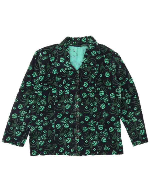 Blusa feminina vintage de veludo cotelê Reino Unido 14 verde médio floral