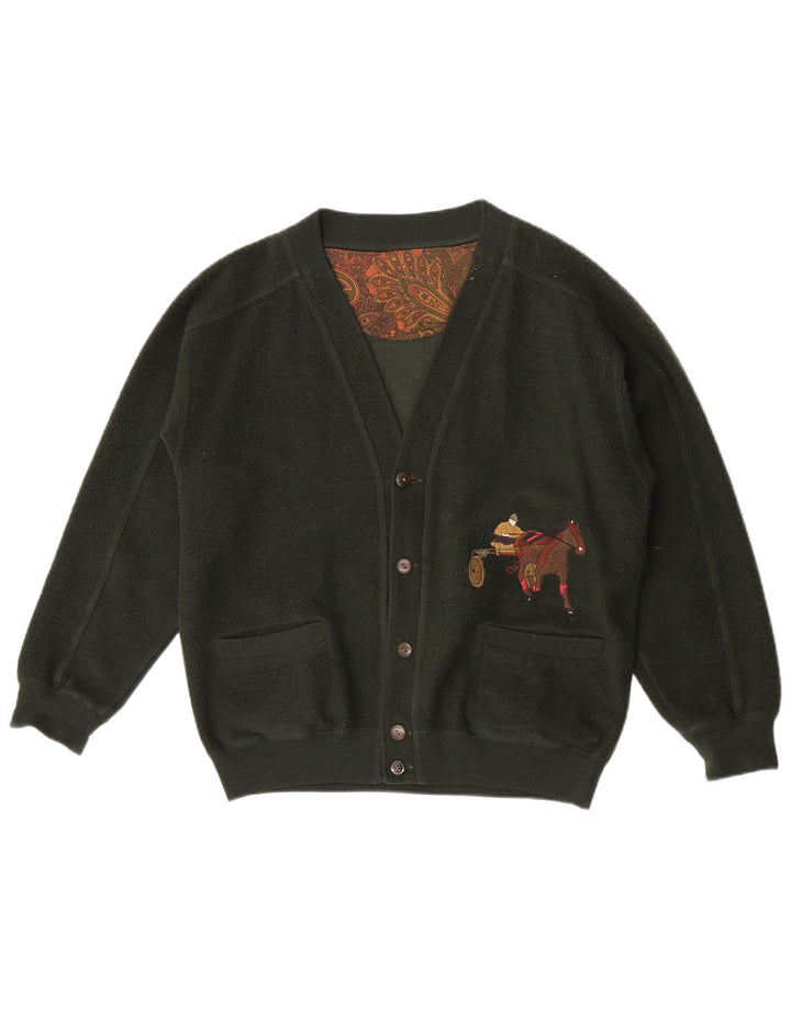 Suéter cardigã gráfico masculino vintage grande lã verde
