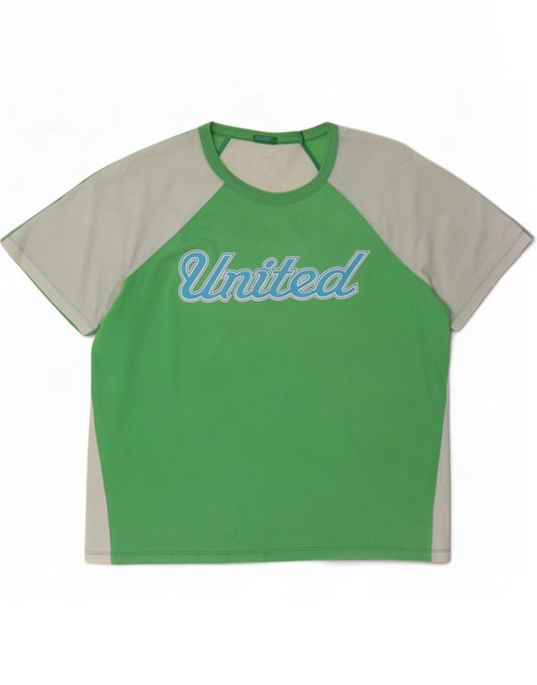 Camiseta feminina gráfica Benetton UK 14 algodão colorblock verde médio