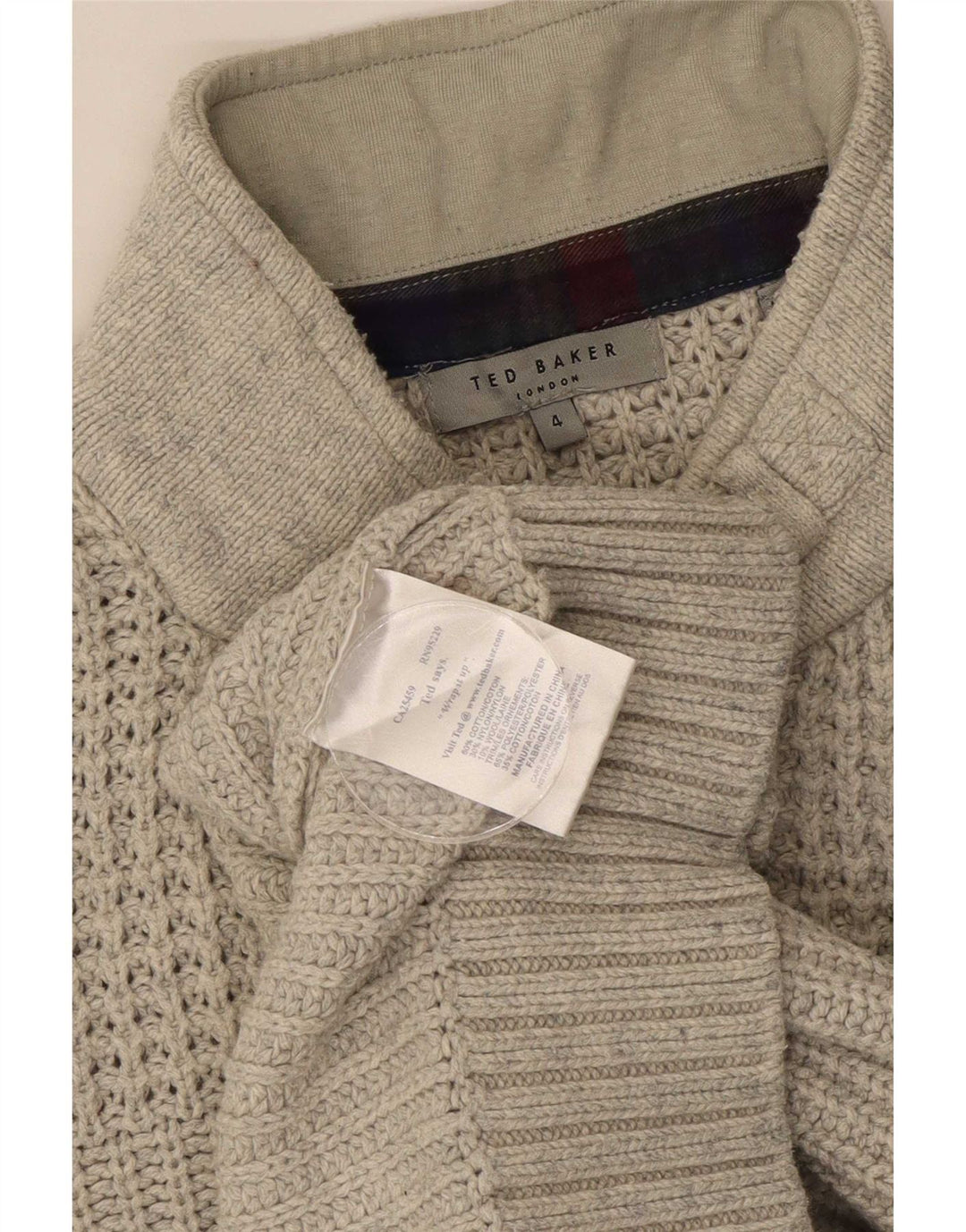 Suéter masculino Ted Baker com gola redonda e botão, tamanho 4, algodão cinza grande