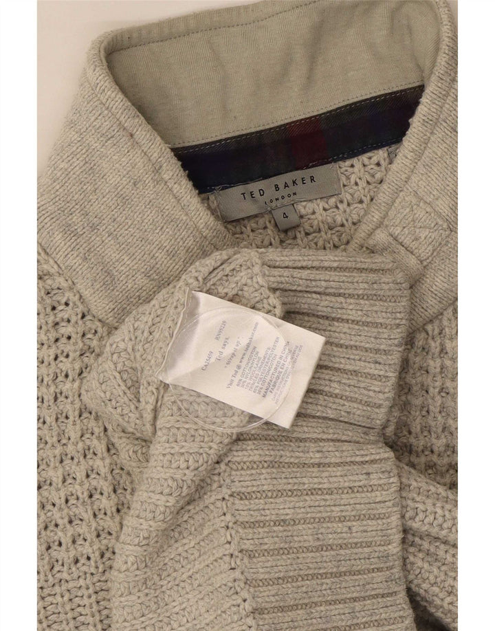 Suéter masculino Ted Baker com gola redonda e botão, tamanho 4, algodão cinza grande