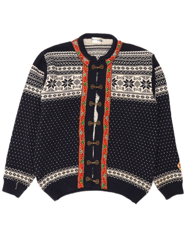 Suéter cardigã feminino vintage UK 20 2XL azul marinho Fair Isle