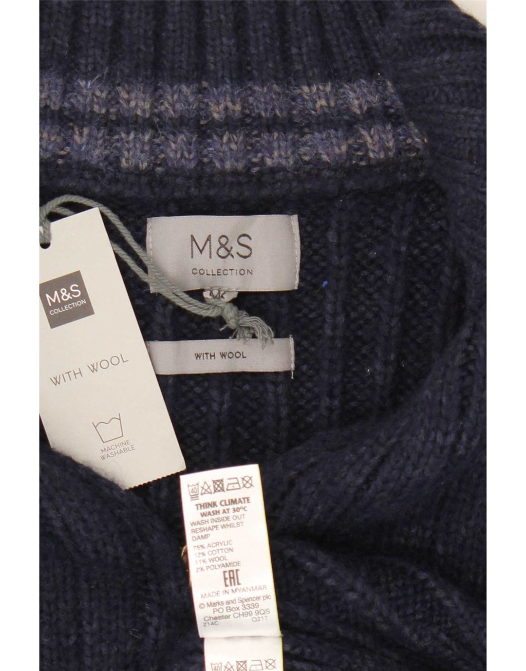 Suéter masculino Marks & Spencer com zíper e gola 2XL azul marinho acrílico