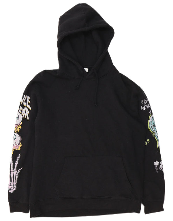 Zara Mens Graphic Hoodie Jumper XL Algodão Preto