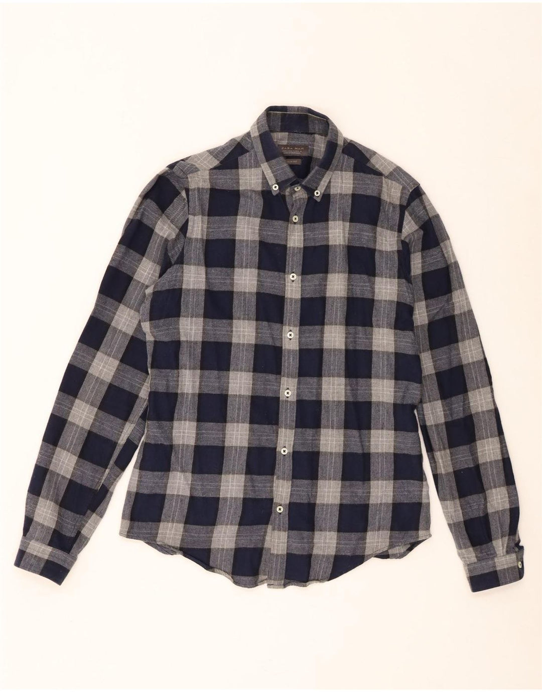 Zara Camisa masculina de flanela slim fit pequena azul marinho xadrez algodão