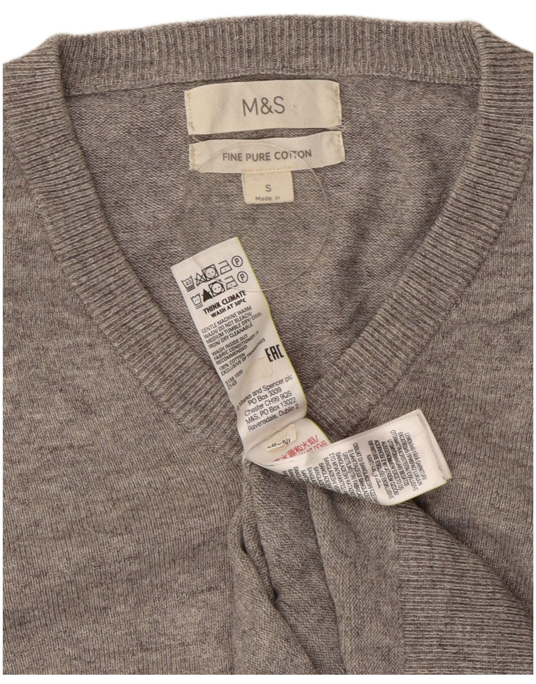 Suéter masculino Marks & Spencer com decote em V, pequeno algodão manchado cinza