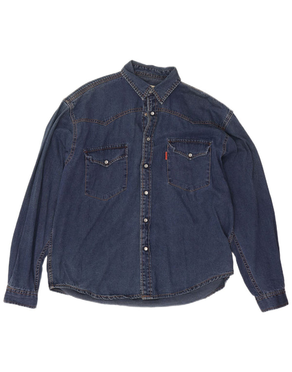 Camisa jeans masculina vintage solta de algodão azul médio