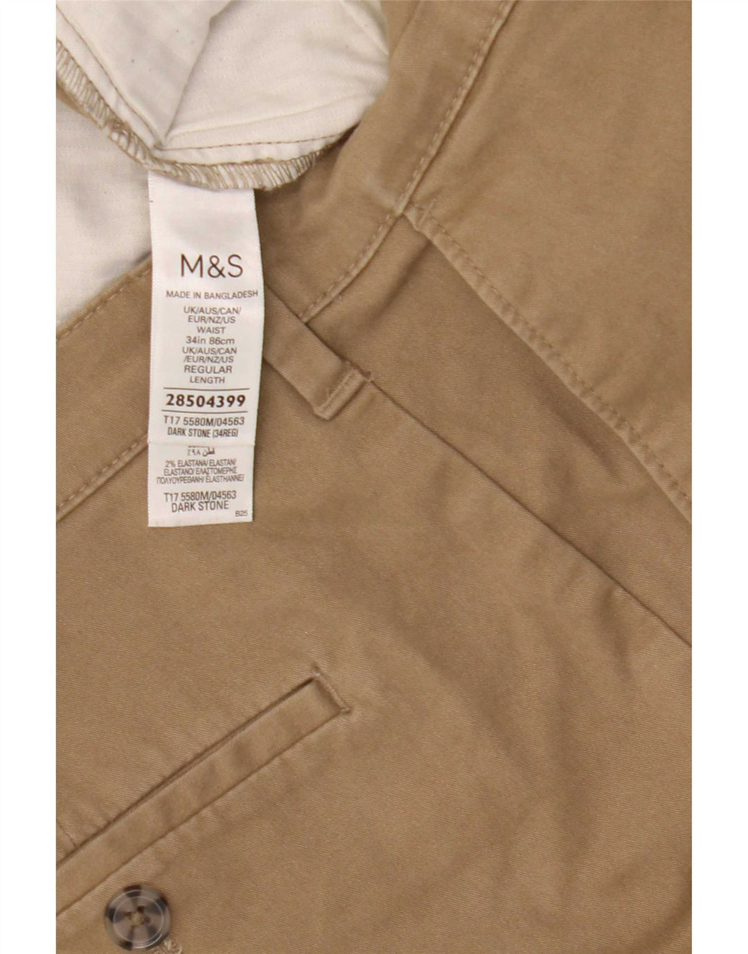 Shorts chino masculino Marks & Spencer W34 grande algodão bege