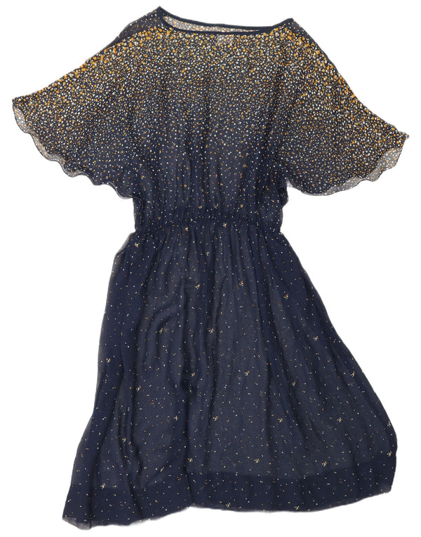 Vestido maxi feminino VINTAGE Batwing UK 18 XL azul marinho acetato manchado