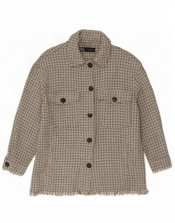 Zara Womens Shacket Jacket UK 14 médio algodão manchado branco