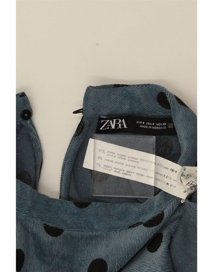 Vestido feminino Zara de manga comprida, tamanho UK 10, pequeno, azul, bolinhas, poliéster