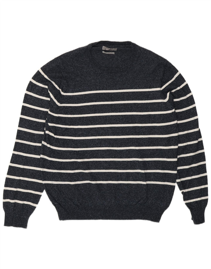 Suéter masculino Marks & Spencer com gola redonda grande listrado azul marinho