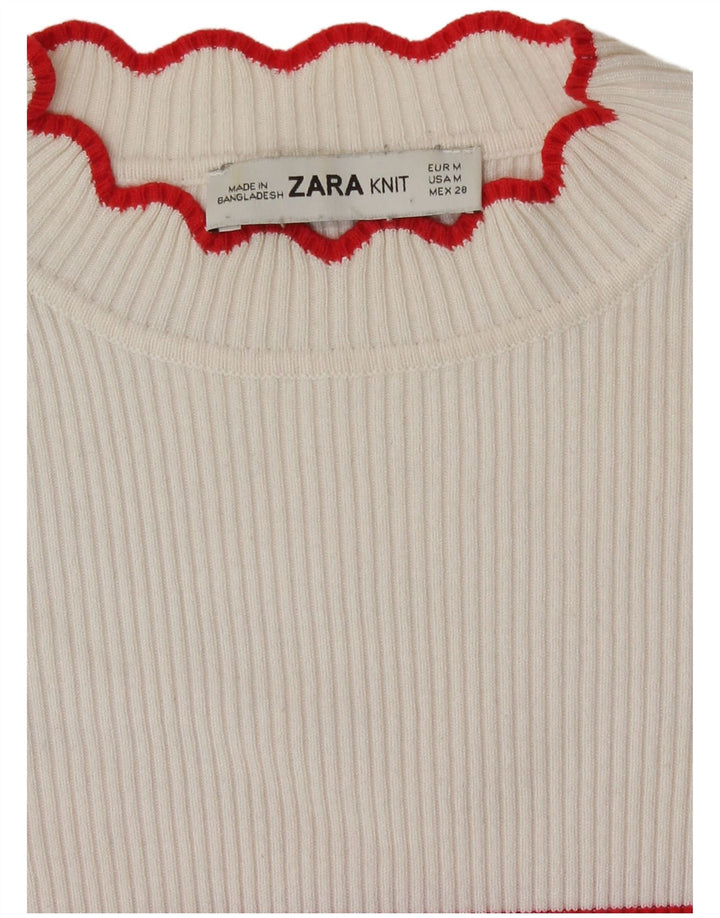 Zara Womens Crop Top Manga Longa Reino Unido 12 Médio Listrado Branco
