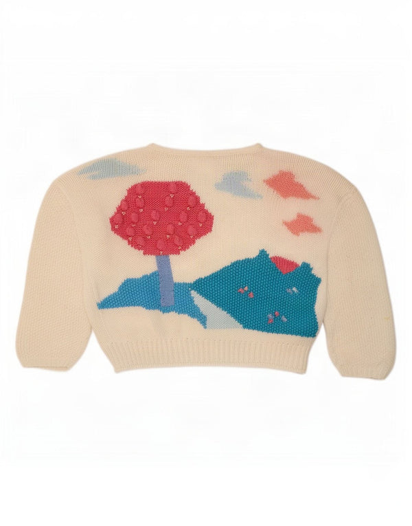 Suéter feminino vintage com corte gráfico e gola canoa Reino Unido 14 médio branco