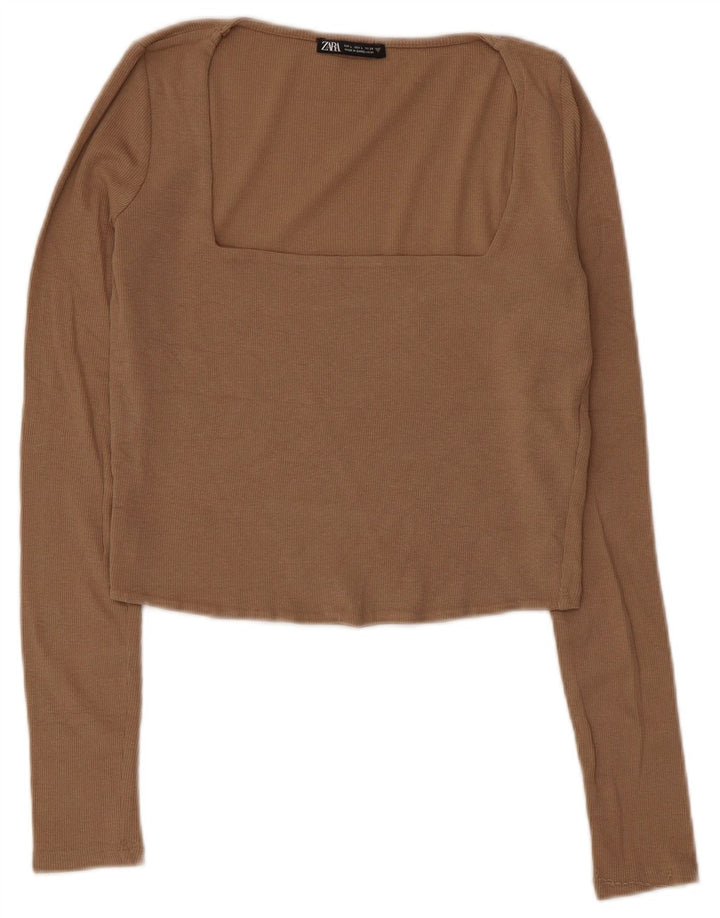 Zara Womens Crop Top Manga Longa Reino Unido 14 Grande Algodão Cinza