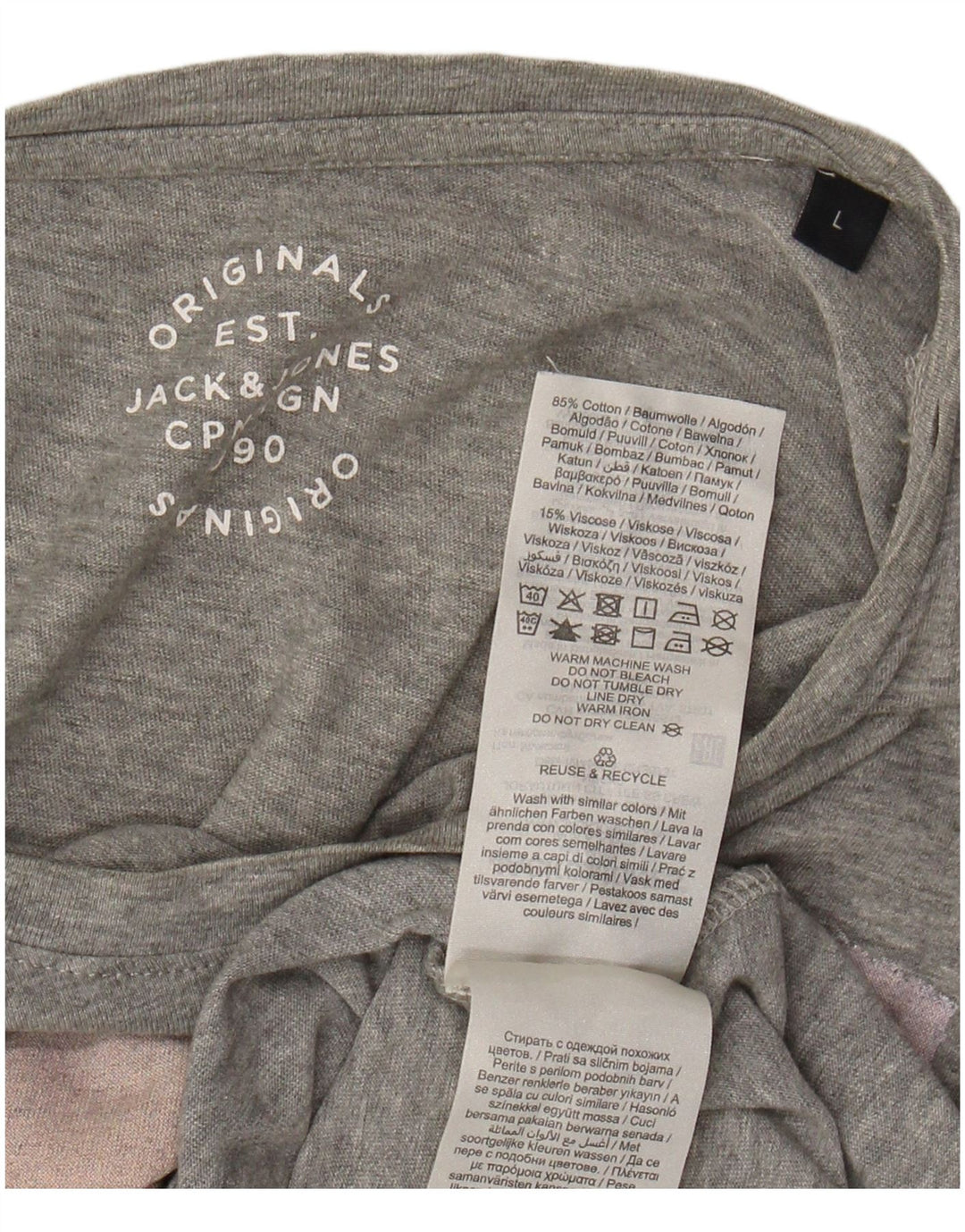 JACK & JONES Camiseta masculina gráfica grande algodão manchado cinza