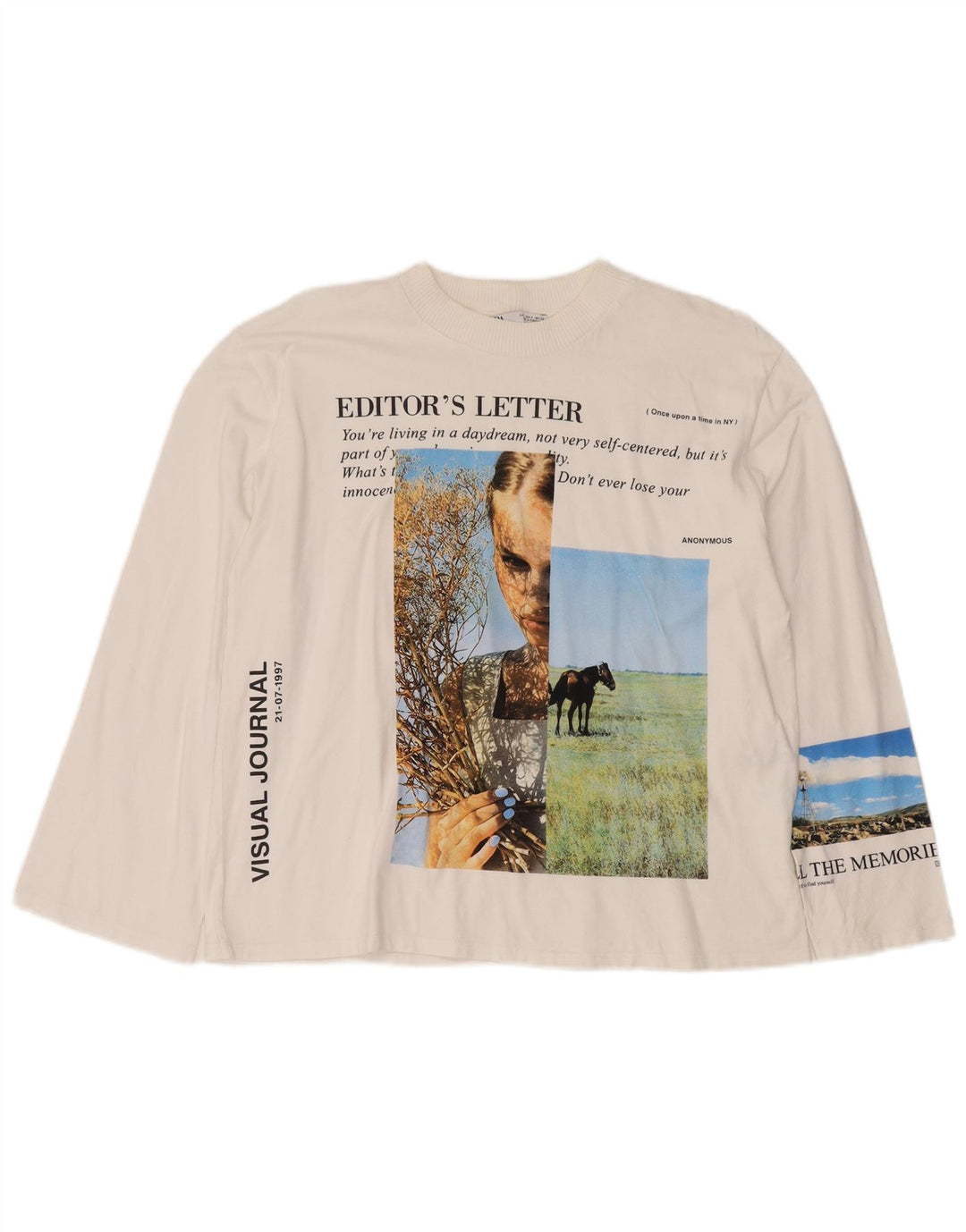 Zara Top gráfico feminino oversized manga comprida Reino Unido 10 algodão branco pequeno