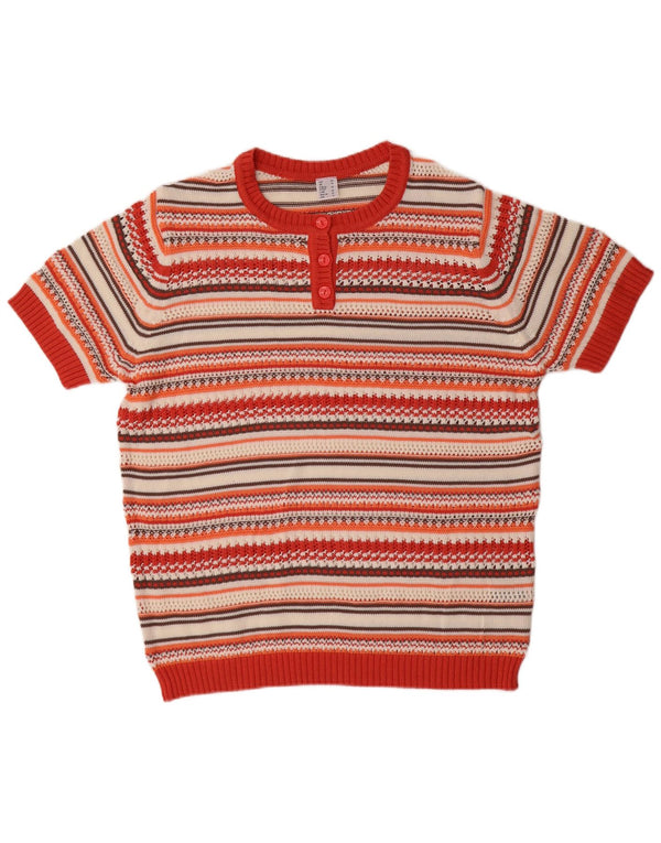 Suéter feminino vintage de manga curta com botão e pescoço UK 18 XL listrado vermelho