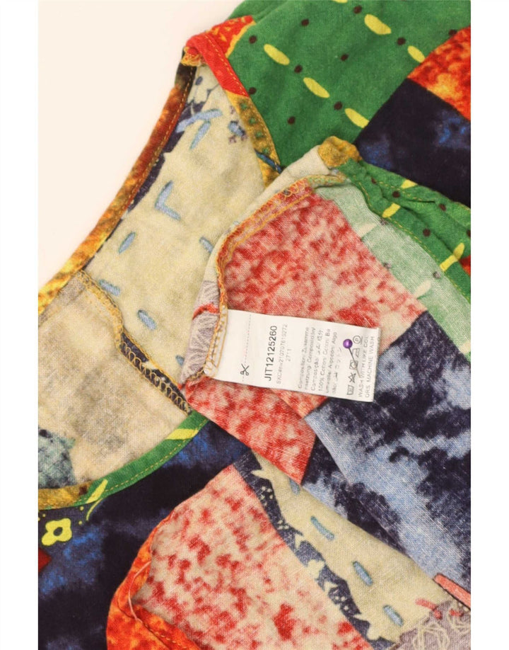 Blusa feminina vintage UK 16 grande algodão patchwork multicolorido