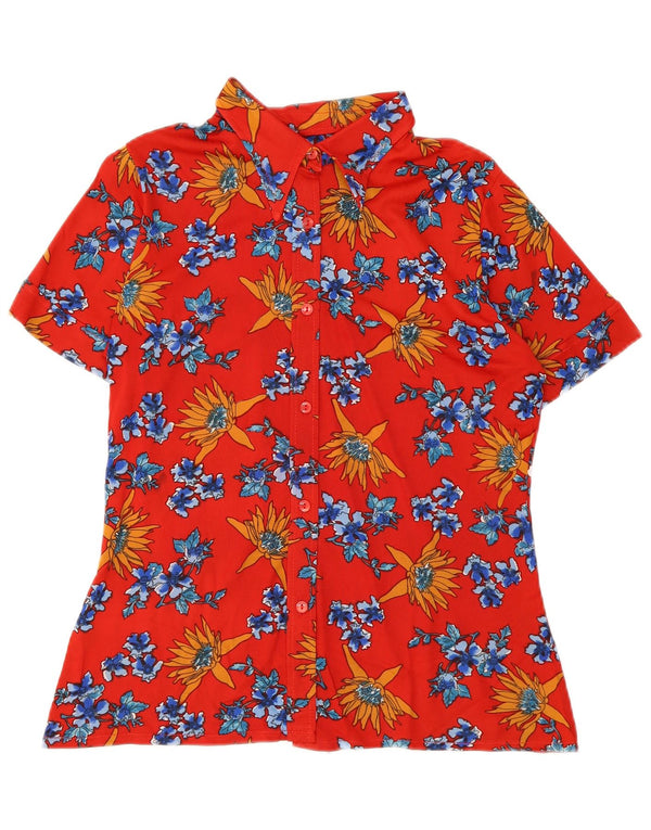 Camisa feminina vintage de manga curta UK 12 médio vermelho floral