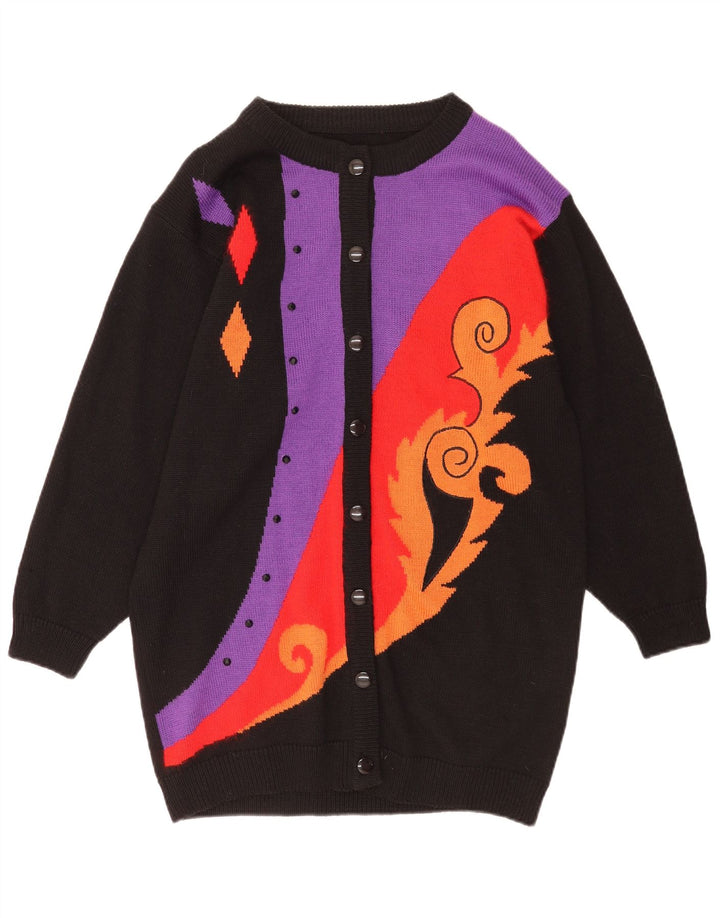 Suéter cardigã feminino vintage longline EU 40 bloco colorido preto médio