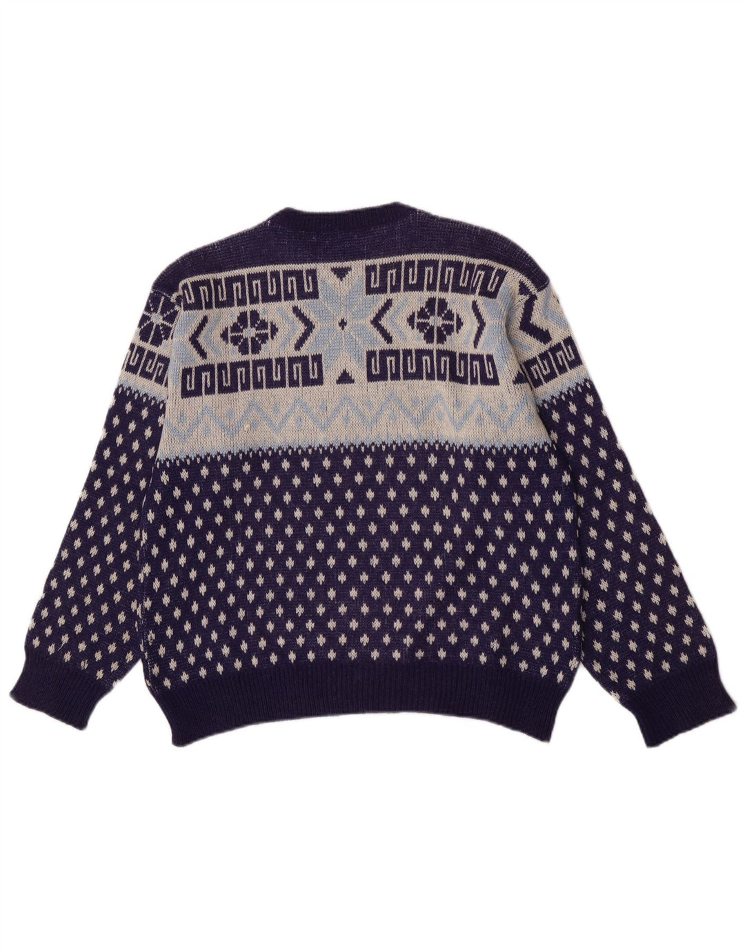 Suéter vintage masculino com gola redonda, médio azul marinho geométrico