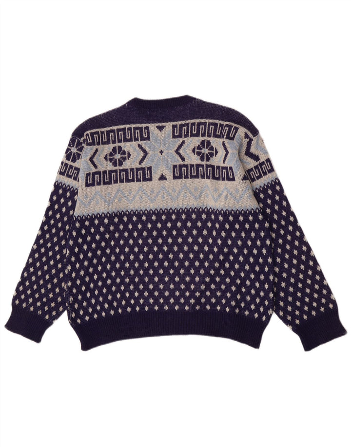 Suéter vintage masculino com gola redonda, médio azul marinho geométrico