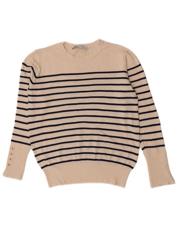 Suéter feminino Zara com gola redonda e listrado branco grande UK 14