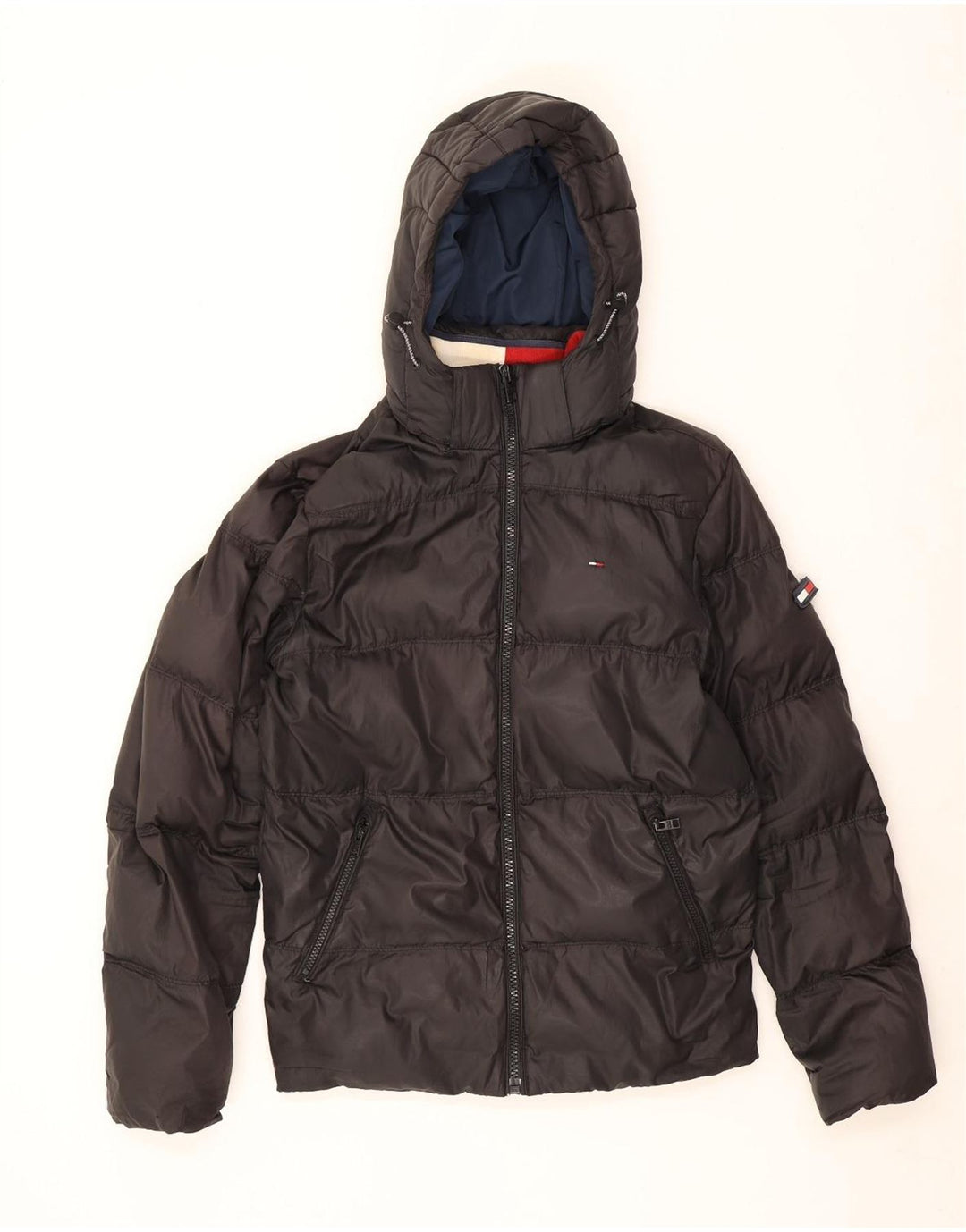 Jaqueta masculina acolchoada com capuz Tommy Hilfiger Reino Unido 38 poliéster preto médio