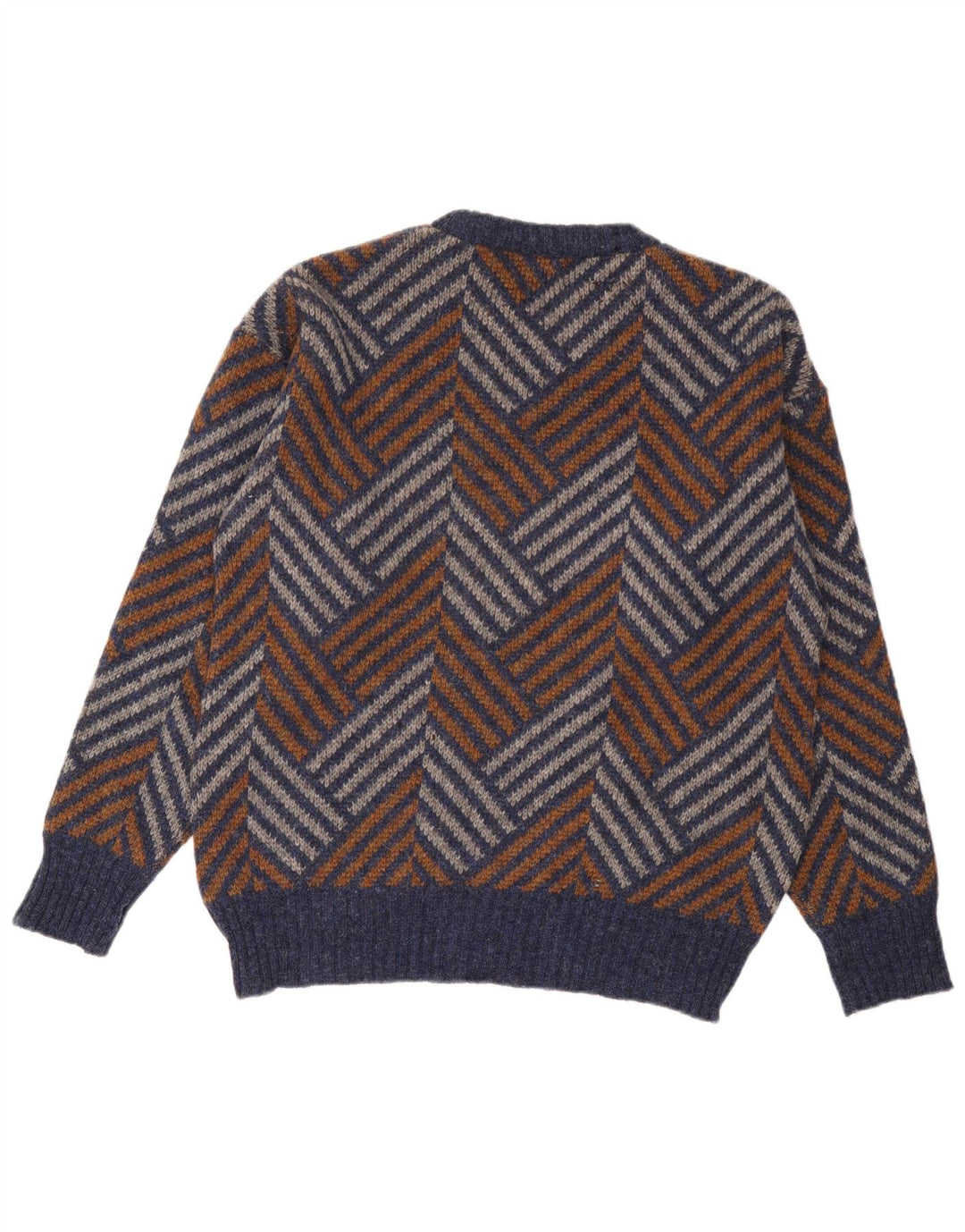 Suéter vintage masculino com gola redonda, grande lã Chevron multicolorida