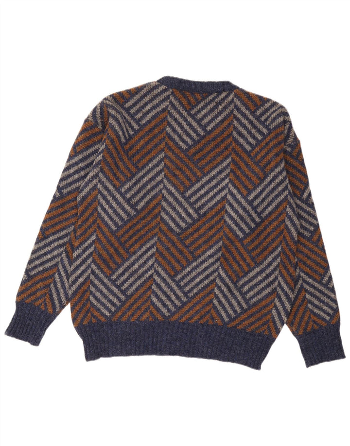 Suéter vintage masculino com gola redonda, grande lã Chevron multicolorida