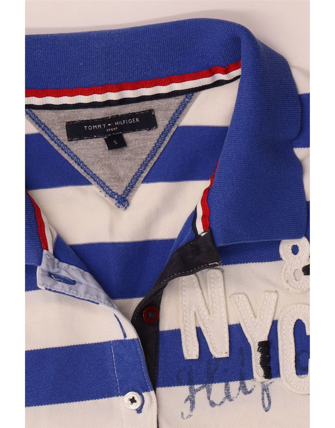 Camisa polo feminina TOMMY HILFIGER com estampa de rugby Reino Unido 10 pequena listrada azul