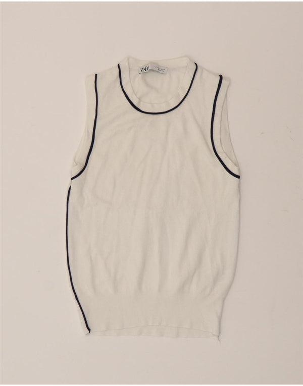 Zara Womens Vest Tank Top UK 10 Pequeno Listrado Branco Viscose
