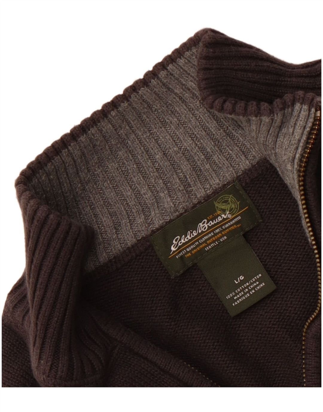 Suéter masculino EDDIE BAUER com zíper e gola grande de algodão cinza