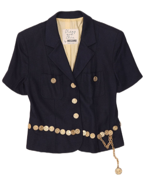 Jaqueta blazer feminina Moschino de manga curta com 3 botões Reino Unido 14 grande azul marinho